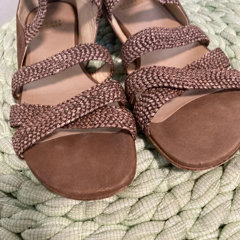 Stuart Weitzman Bounceraf Braided Raffia Brown Leather Crisscross Strappy Sandal